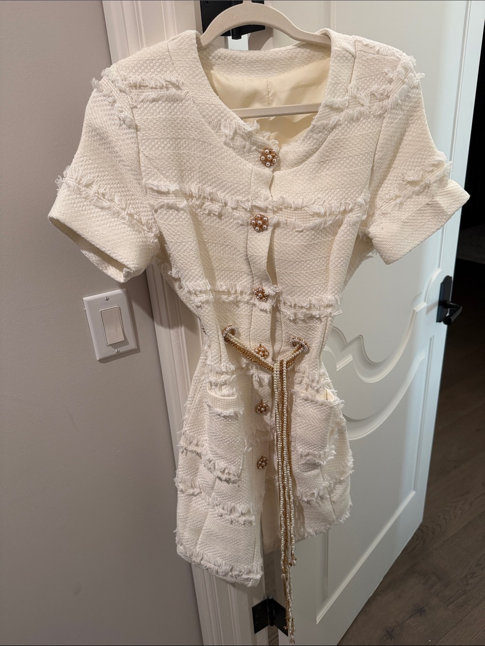 Elegant White Mini Tweed Dress with Pearl Buttons